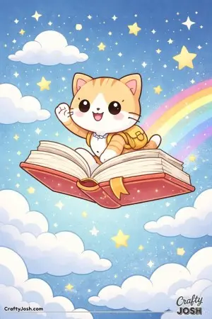 Kawaii cat riding a floating book through the sky