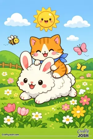 Kawaii cat riding a fluffy bunny through fields