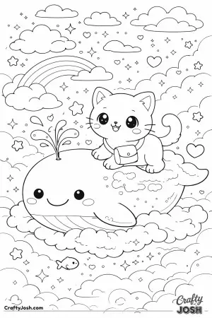 Kawaii cat riding a friendly cloud whale