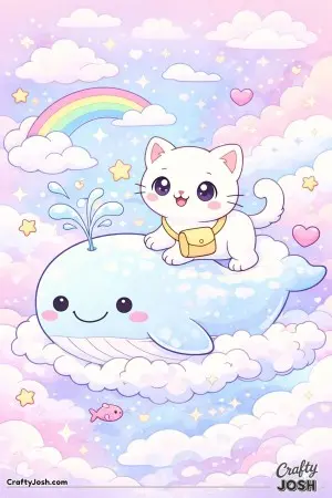 Kawaii cat riding a friendly cloud whale