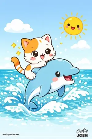 A brave kawaii cat zooms across the ocean on a super-friendly dolphin.