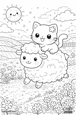 Kawaii cat riding a friendly sheep through fields