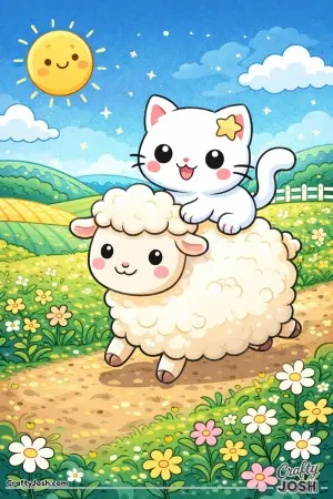 Kawaii cat riding a friendly sheep through fields