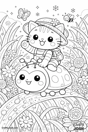 A tiny adventure begins as a kawaii cat rides a friendly ladybug through the grass