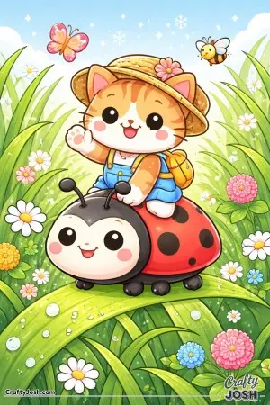 A tiny adventure begins as a kawaii cat rides a friendly ladybug through the grass