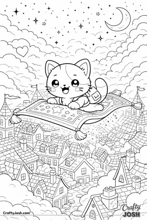 Kawaii cat riding a magic carpet over rooftops
