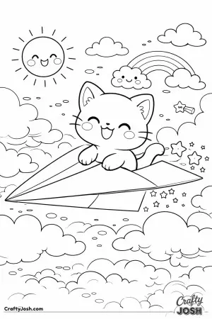 Kawaii cat riding a paper airplane through clouds