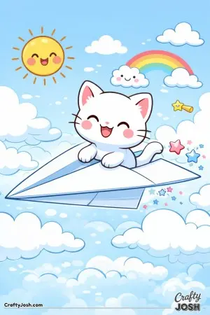 Kawaii cat riding a paper airplane through clouds