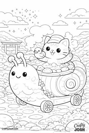 Kawaii cat riding a snail shaped hot spring cart