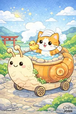 Kawaii cat riding a snail shaped hot spring cart