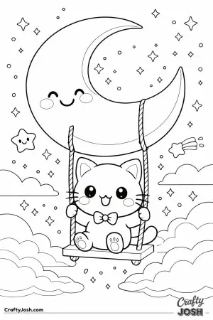 A sweet little kitty swings happily from the moon, high above the clouds.