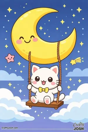 A sweet little kitty swings happily from the moon, high above the clouds.