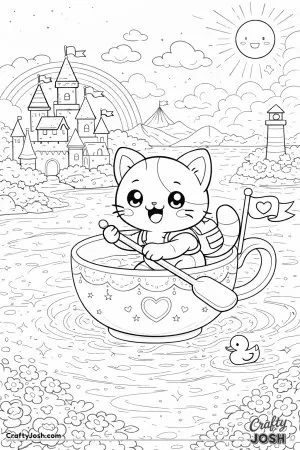 Kawaii cat riding a tiny boat made from a teacup