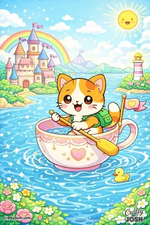 Kawaii cat riding a tiny boat made from a teacup