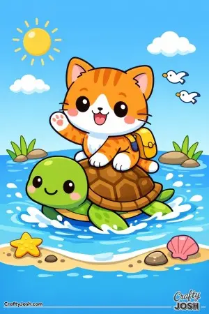 A playful kawaii cat rides a smiling turtle through calm, shallow water.