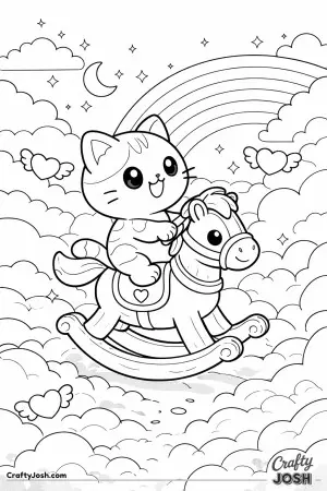 Kawaii cat riding a wooden rocking horse through clouds