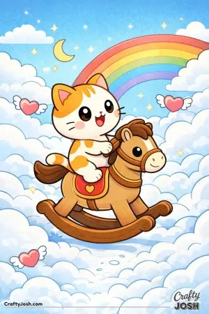 Kawaii cat riding a wooden rocking horse through clouds