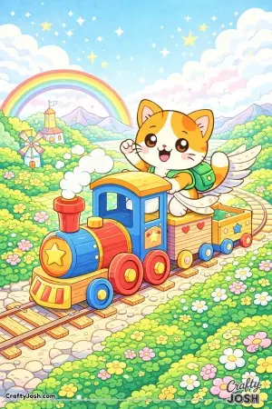 Kawaii cat riding a wooden toy train through hills
