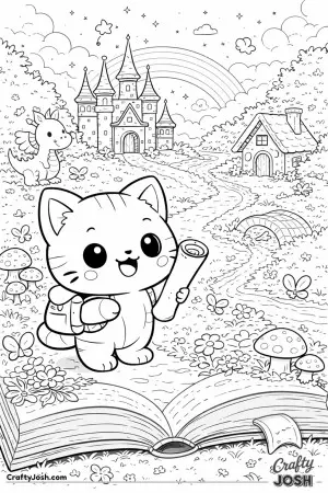 A brave kawaii cat steps straight out of a storybook into a magical world.