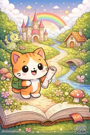 A brave kawaii cat steps straight out of a storybook into a magical world.