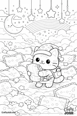 Kawaii cat visiting a dreamland with pillows and stars