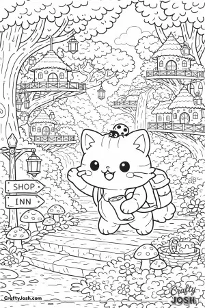 This cute cat looks so happy exploring this interesting village with treetop houses