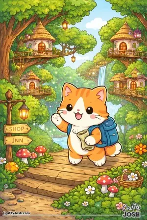 This cute cat looks so happy exploring this interesting village with treetop houses
