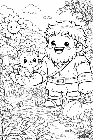 A tiny kawaii cat explores a magical garden with a kind and gentle giant.