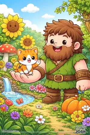A tiny kawaii cat explores a magical garden with a kind and gentle giant.