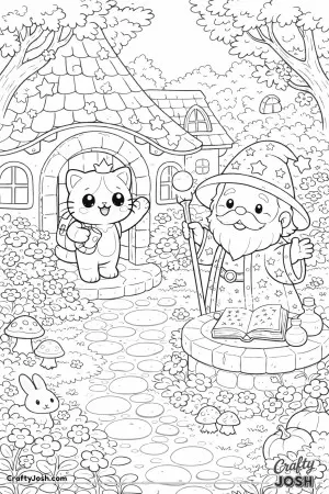 Kawaii cat visiting a friendly wizard’s cottage