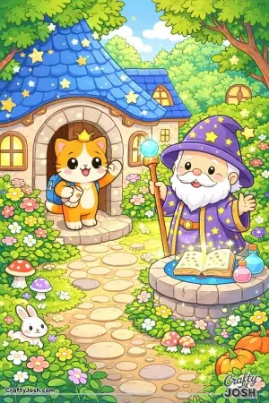 Kawaii cat visiting a friendly wizard’s cottage