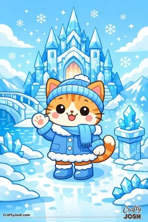 A sweet kawaii cat sets off on a frosty adventure to a sparkling ice palace