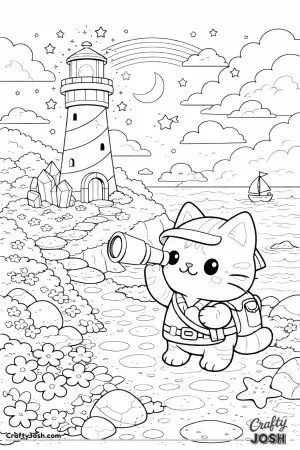 Kawaii cat visiting a magical lighthouse by the sea