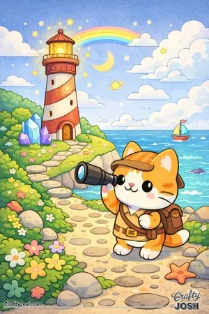 Kawaii cat visiting a magical lighthouse by the sea