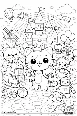 Kawaii cat visiting a magical toy kingdom