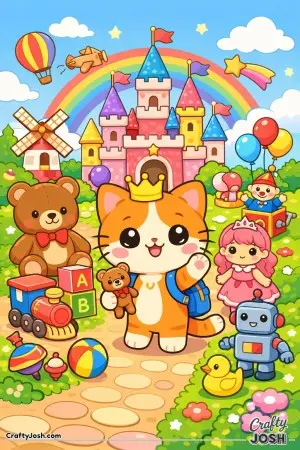 Kawaii cat visiting a magical toy kingdom