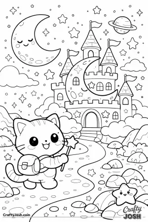 Kawaii cat visiting a moon castle at night