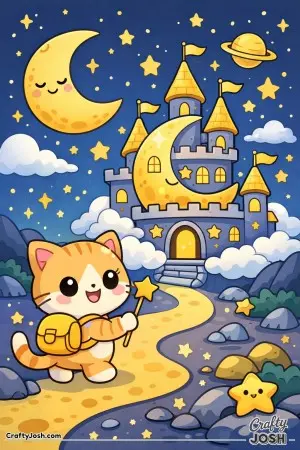 Kawaii cat visiting a moon castle at night