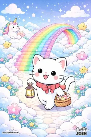 Kawaii cat visiting a rainbow bridge in the sky