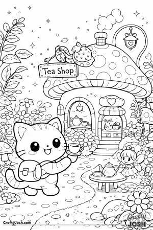 Kawaii cat visiting a tiny fairy teashop