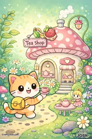 Kawaii cat visiting a tiny fairy teashop