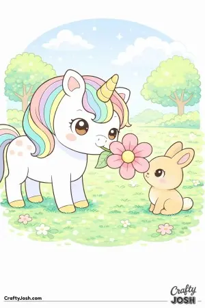 Cute kawaii unicorn with a flower in it's mouth offering it to a friend