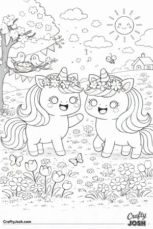 Two Kawaii unicorns enjoying a cozy Spring day