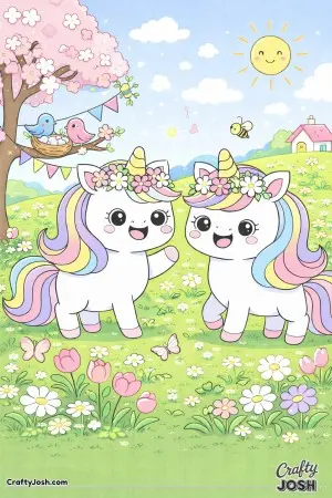 Two Kawaii unicorns enjoying a cozy Spring day