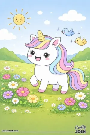 Kawaii unicorn in a field with blooming flowers on a sunny day with birds in the sky