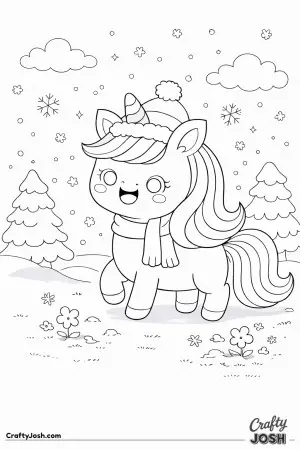 A winter scene with a cute unicorn