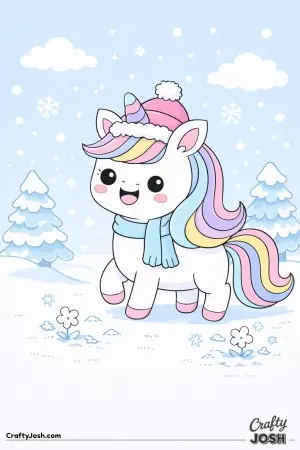 A winter scene with a cute unicorn