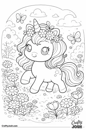 Cute kawaii unicorn in a light spring setting
