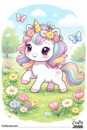 Cute kawaii unicorn in a light spring setting