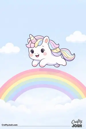Kawaii unicorn jumping above a rainbow